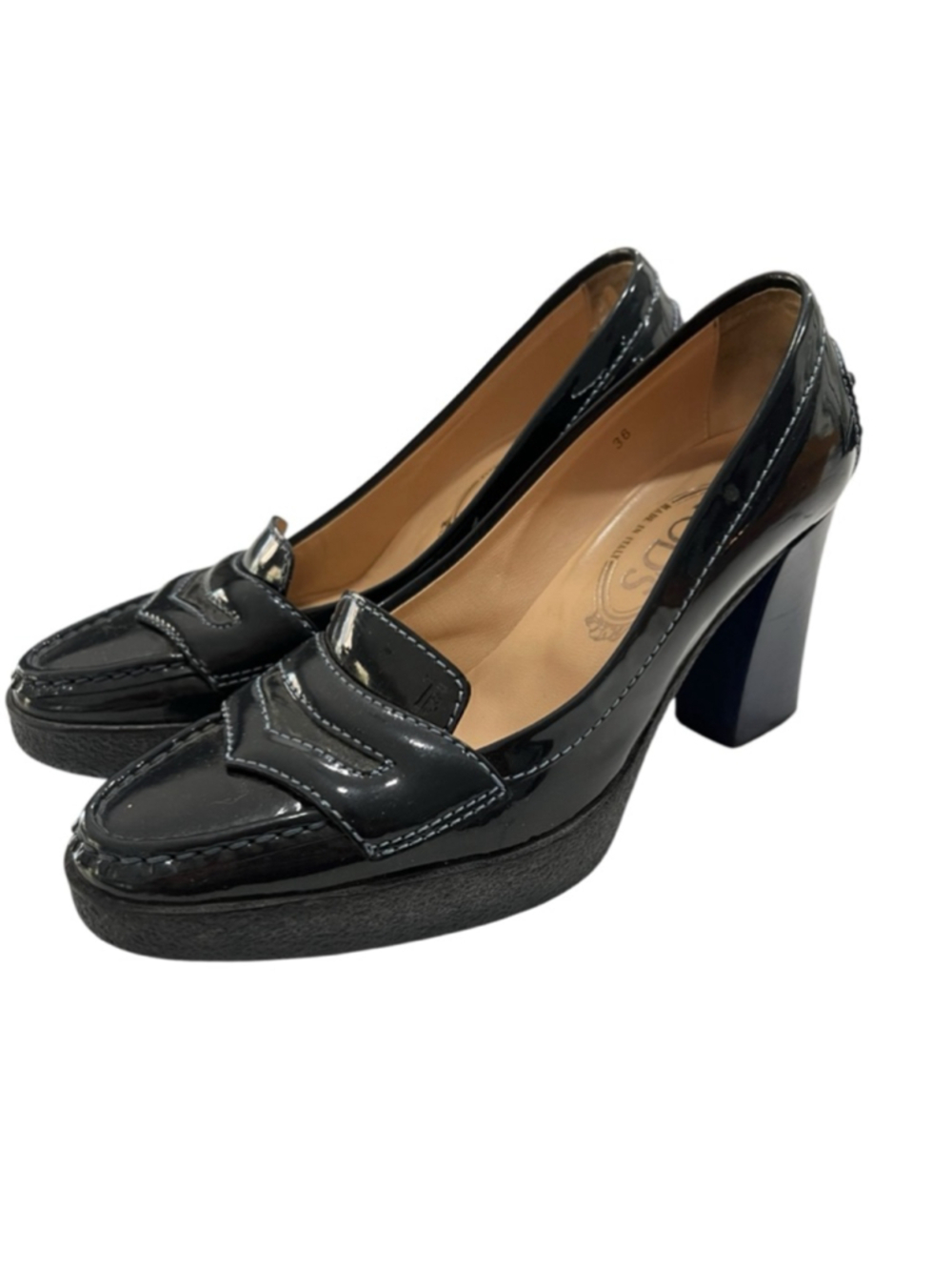 VTG TOD's 90s Jodie Black Patent Leather Heeled Loafers Pumps 36 W/Box 5.5 US - Picture 4 of 9